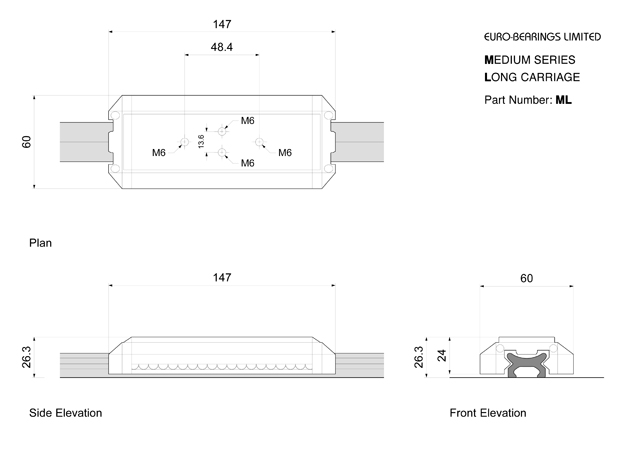 medium series long carriage for corrosion resistant linear slide